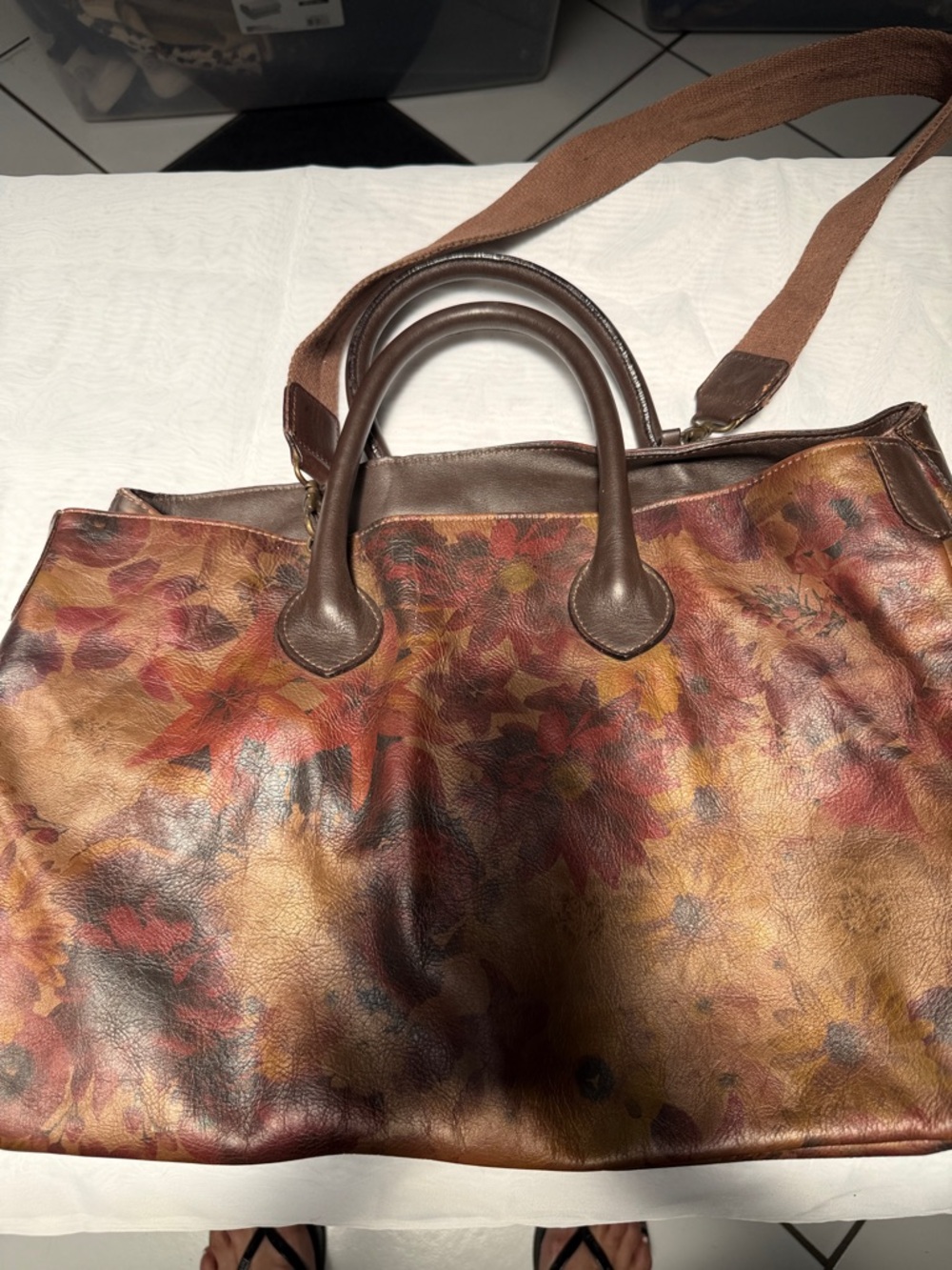 Maurizio Taiuti Brown Floral Leather Tote with Burgundy Accents